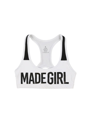 **CLASSIC COLLECTION **MADE GIRL SIGNATURE LOGO PERFORMANCE SPORTS BRA - WHITE
